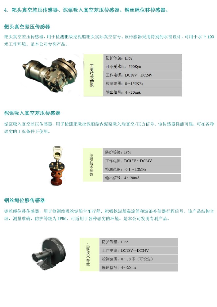 耙頭真空差壓傳感器、泥泵吸入真空差壓傳感器、鋼絲繩位移傳感器、